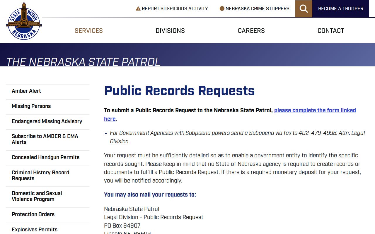 Harlan County arrest records Nebraska State Patrol public request page
