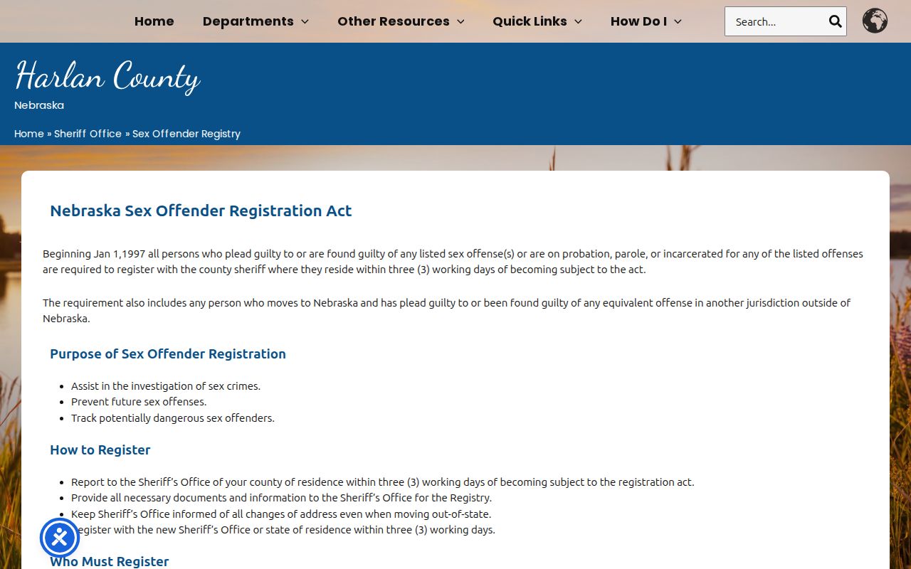 Harlan County sex offender registration rules on the sheriff website