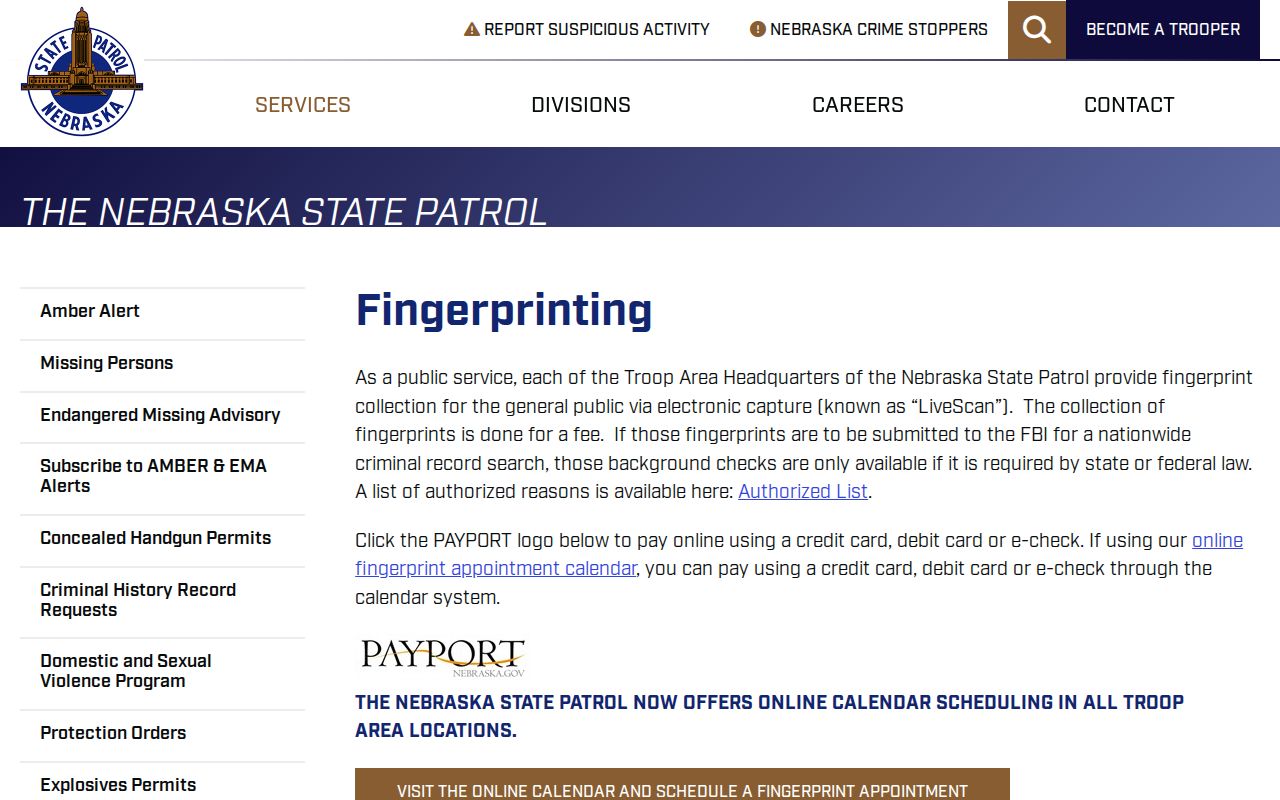 Nebraska State Patrol fingerprinting appointment guidance